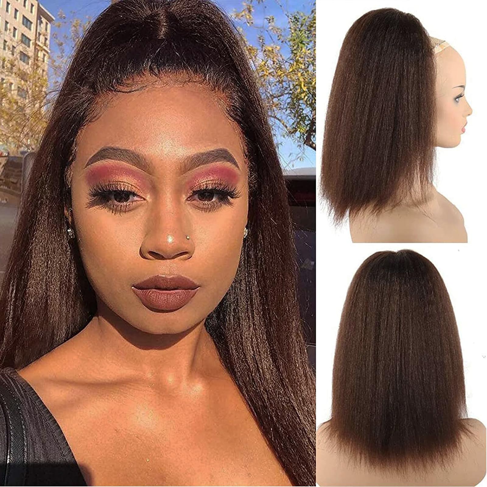 Photo 1 of LEOSA Ponytail Extension 14 inch Yaki Straight Drawstring Ponytails for Black Women Short Natural Brown Kinky Straight Drawstring Ponytail Hair Extensions Fluffy Thick Synthetic Clip on Ponytails