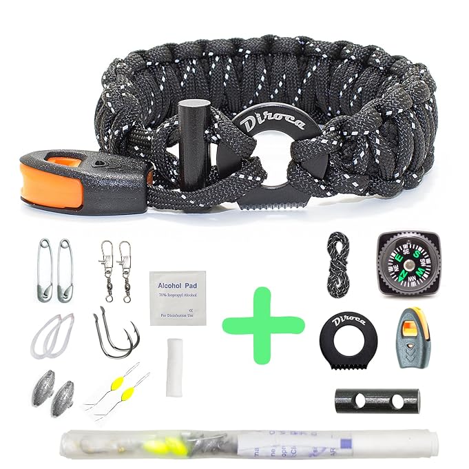 Paracord Bracelet Survival Gear | 550 Premium Black Reflective Parachute | Outdoor Emergency First Aid Tool Kit 19 in 1 Compass, Fire Starter, Emergency Knife, Whistle, Rescue Rope & Food Fishing