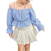 RoseSeek Girl's Striped Cold Shoulder Babydoll Tops Ruffle Hem Lantern Sleeve Cropped T Shirts