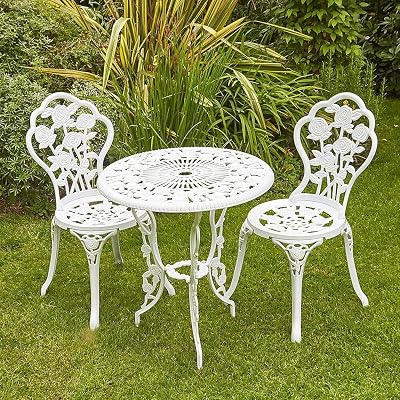 Home Source Rose Garden Patio Bistro Set Table & 2 Chairs, White Metal