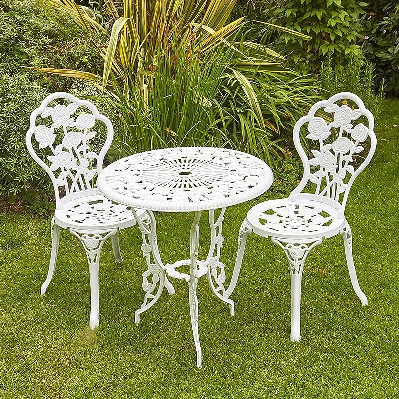 Home Source Rose Garden Patio Bistro Set Table & 2 Chairs, White Metal