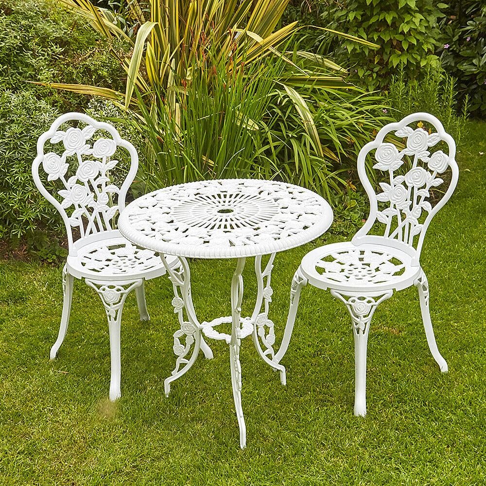 Home Source Rose Garden Patio Outdoor Bistro Set Table and 2 Chairs Metal Garden Furniture, White