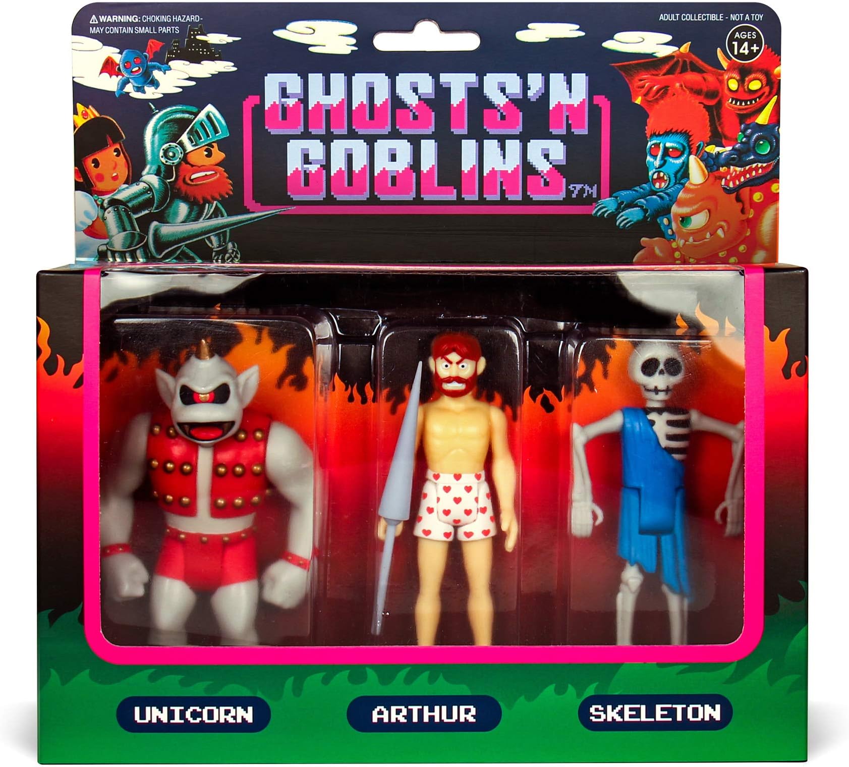 Unicorn, Arthur in Underwear, Skeleton: Ghosts 'n Goblins x Super7 Reaction Mini Action Figure Pack + 1 Video Games Themed Trading Card Bundle (03255)