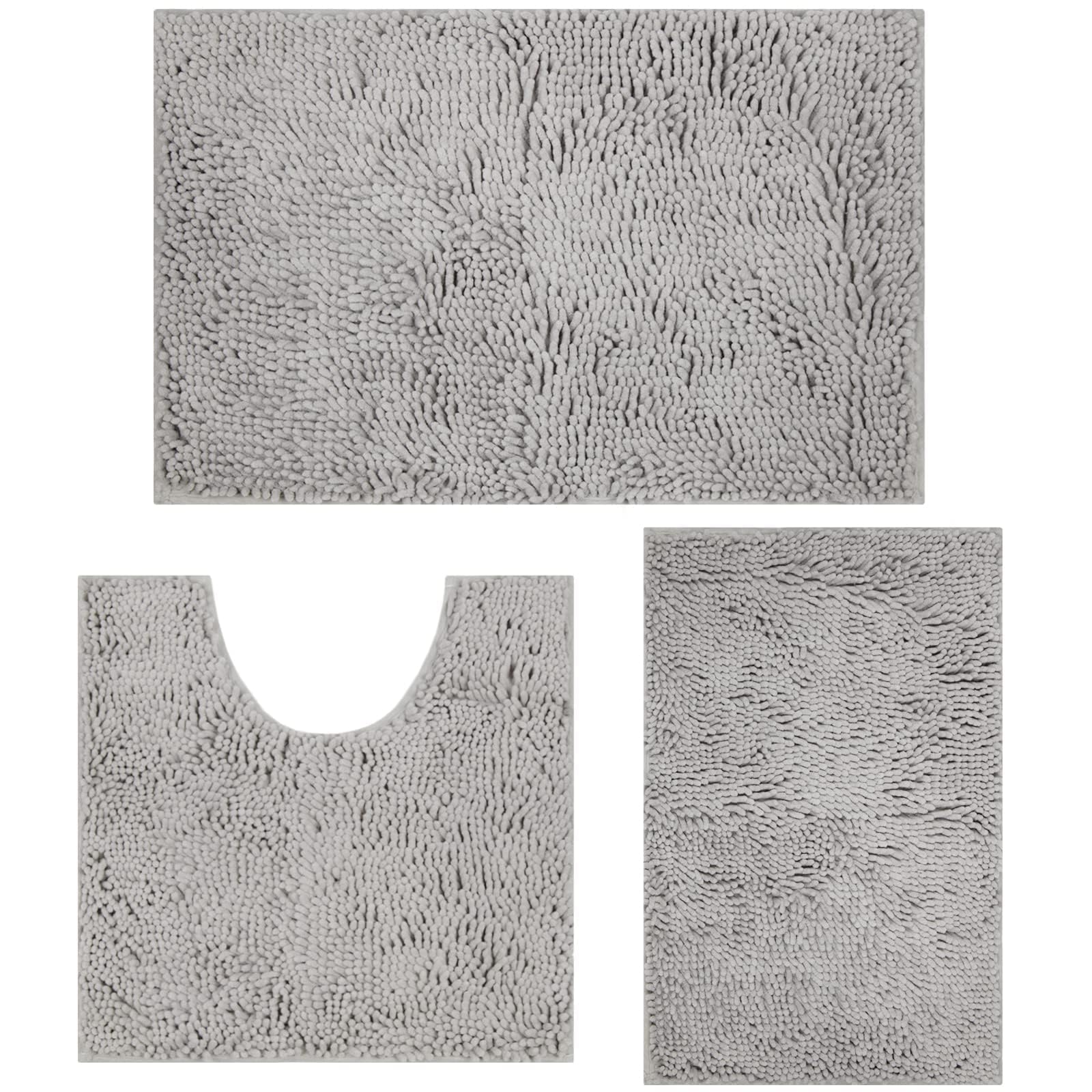 MEGAROOM Non Slip Chenille Bath Mat Sets 3 Piece - Soft and Anti Mould Bath Mats for Safety and Comfort - Water Absorbent and Quick Drying - Bathroom Carpet Set with U-Shaped Toilet Mat（Light Gray）