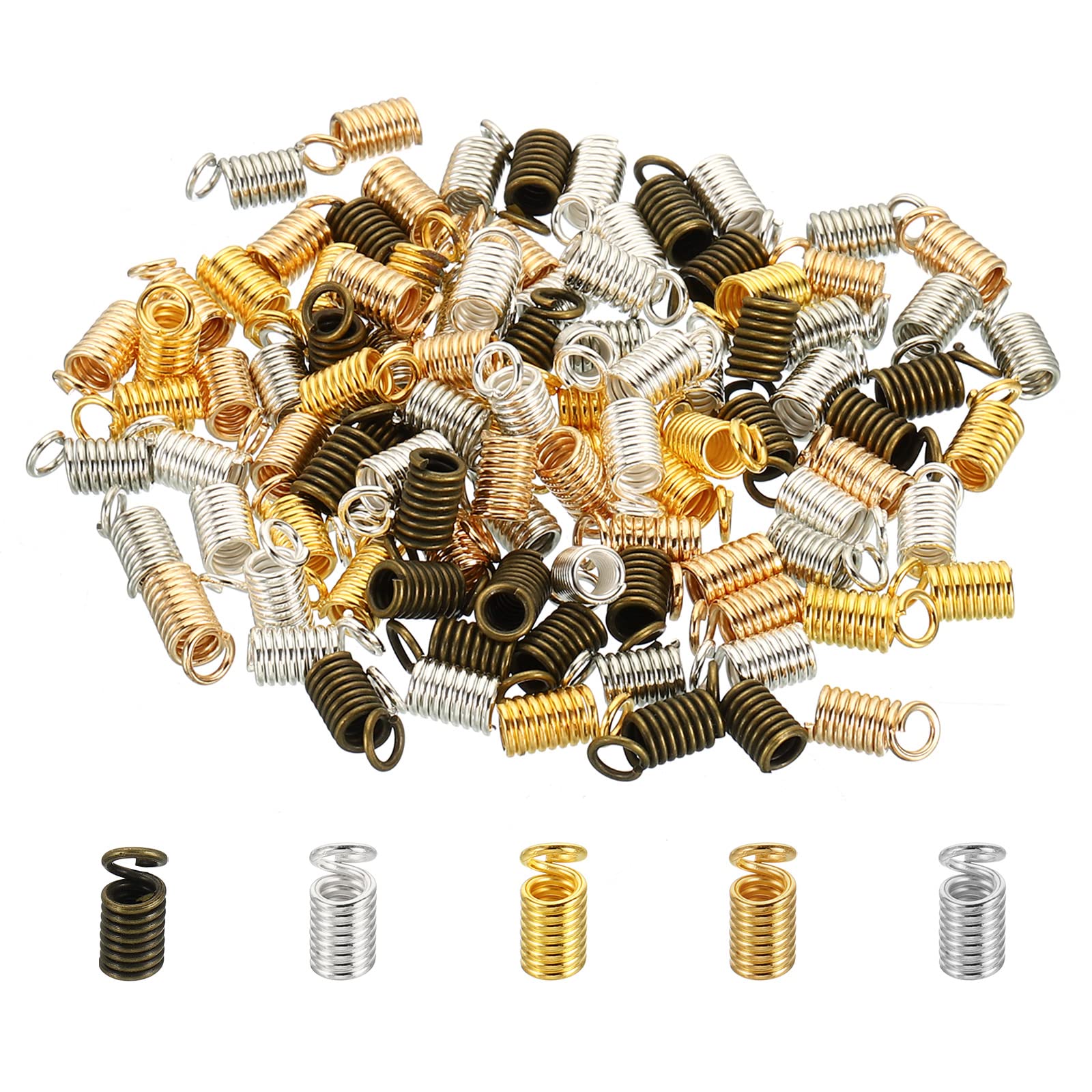 PATIKIL Cord End Caps, 100Pcs 4x9mm Metal Spring Coil End Tips Crimp Terminators Caps for Jewelry Making Bracelets Necklace DIY Crafting, Multicolored