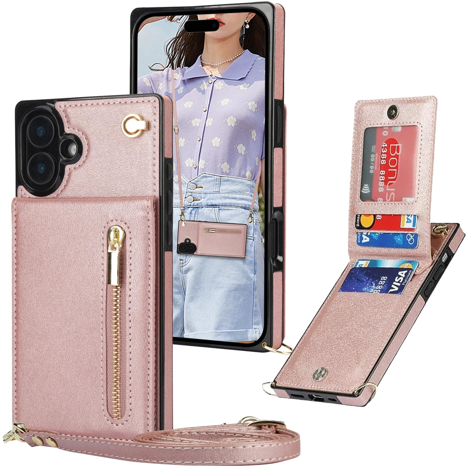 Ysnzaq Wallet Case for iPhone 16 6.1" with Crossbody Lanyard Strap & Credit Card Holder for Women, PU Leather Zipper Purse Flip Folio Cover Case for iPhone 16 / Apple 16. XK-Rose Gold