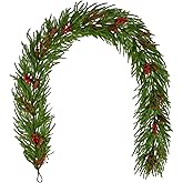 Hollyone 9FT Norfolk Pine Garland Real Touch Winter Pine Garland with Red Berry Christmas Garlands Artificial Greenery for Table Mantle Wall Indoor Outdoor Mantle Holiday Christmas Home Decor