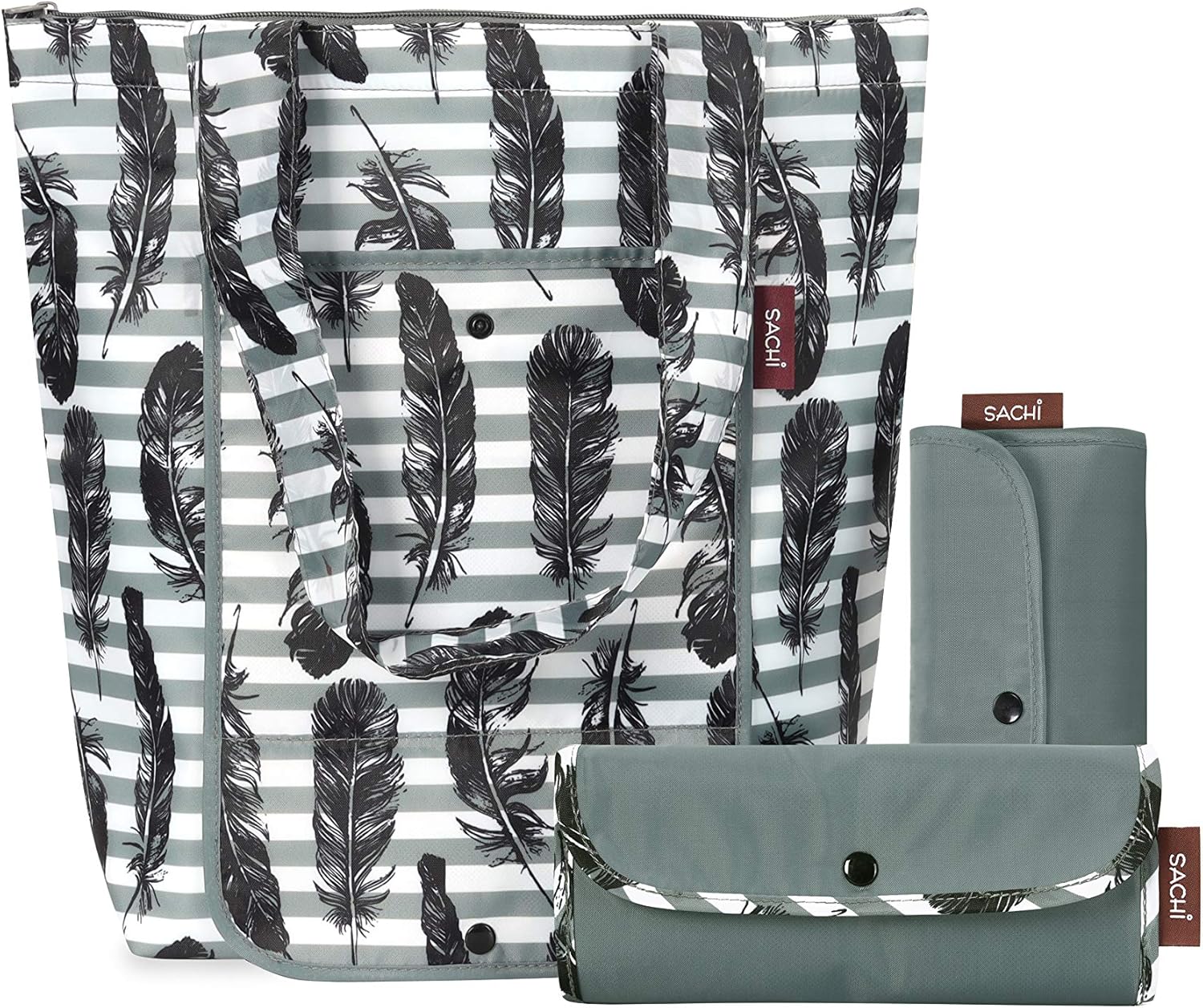 SACHI 3 Piece Market Totes Set - Insulated Grocery Bags For Cold and Hot Foods - Durable, Kitchen Reusable Grocery Bags - Durable, Insulated Thermal Bags Grey Feather Stripes