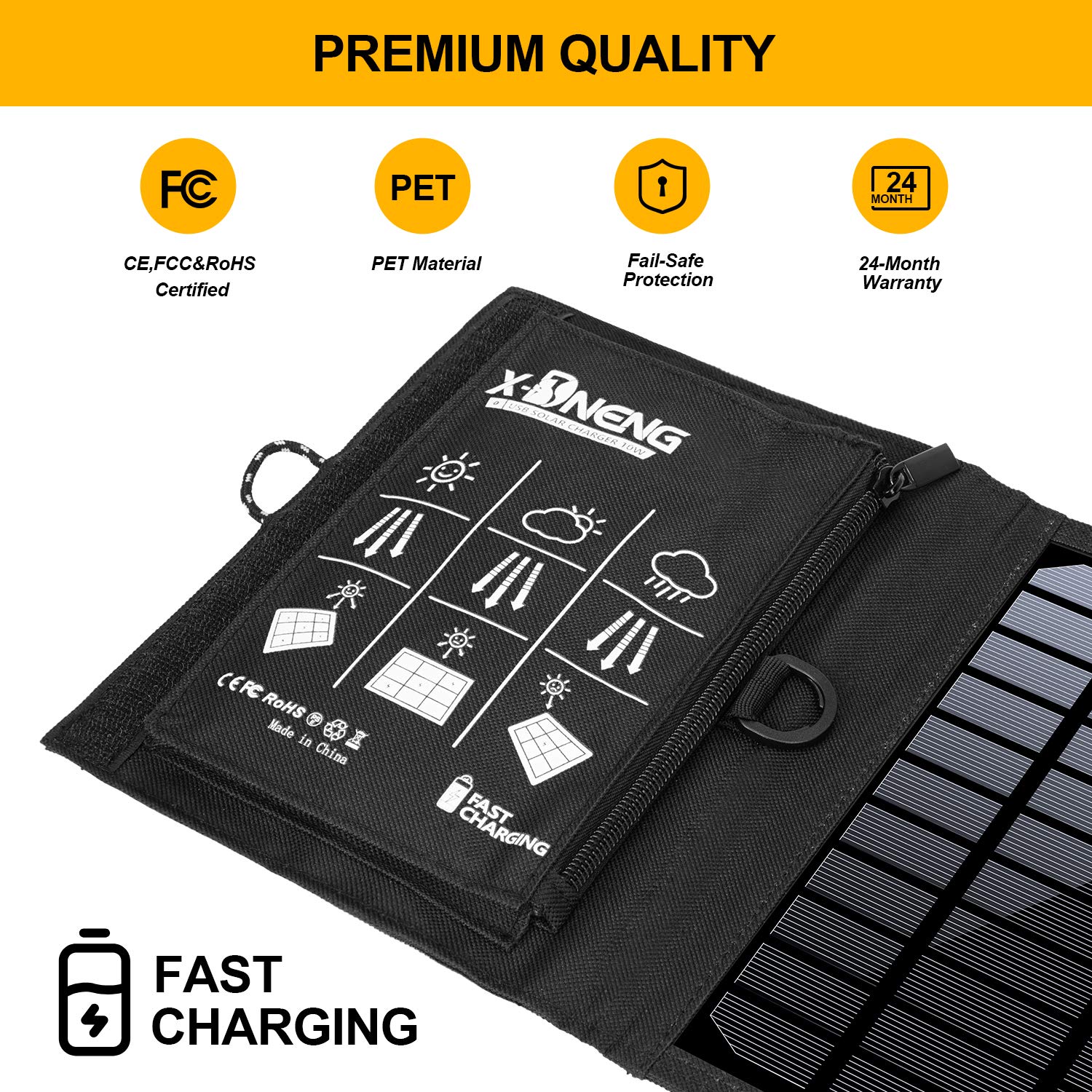 X-DNENG Solar Charger 10W Waterproof Foldable Single USB Port Solar Battery Charger Panel for Cell Phone, Power Bank, and Other Electronic Devices, Good Choice for Camping, Fishing, Hiking