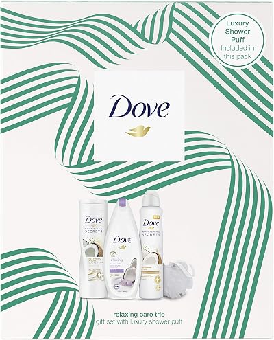 Dove Relaxing Care Trio Gift Set for Women with Luxury Shower Puff 3 Piece