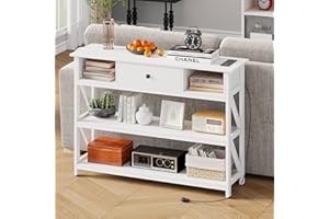 Mexin 39 Inch Console Table with 2 Outlet and 2 USB Ports, Entryway Table with Drawer and Storage Shelves, Narrow Sofa Table for Living Room and Hallway, White