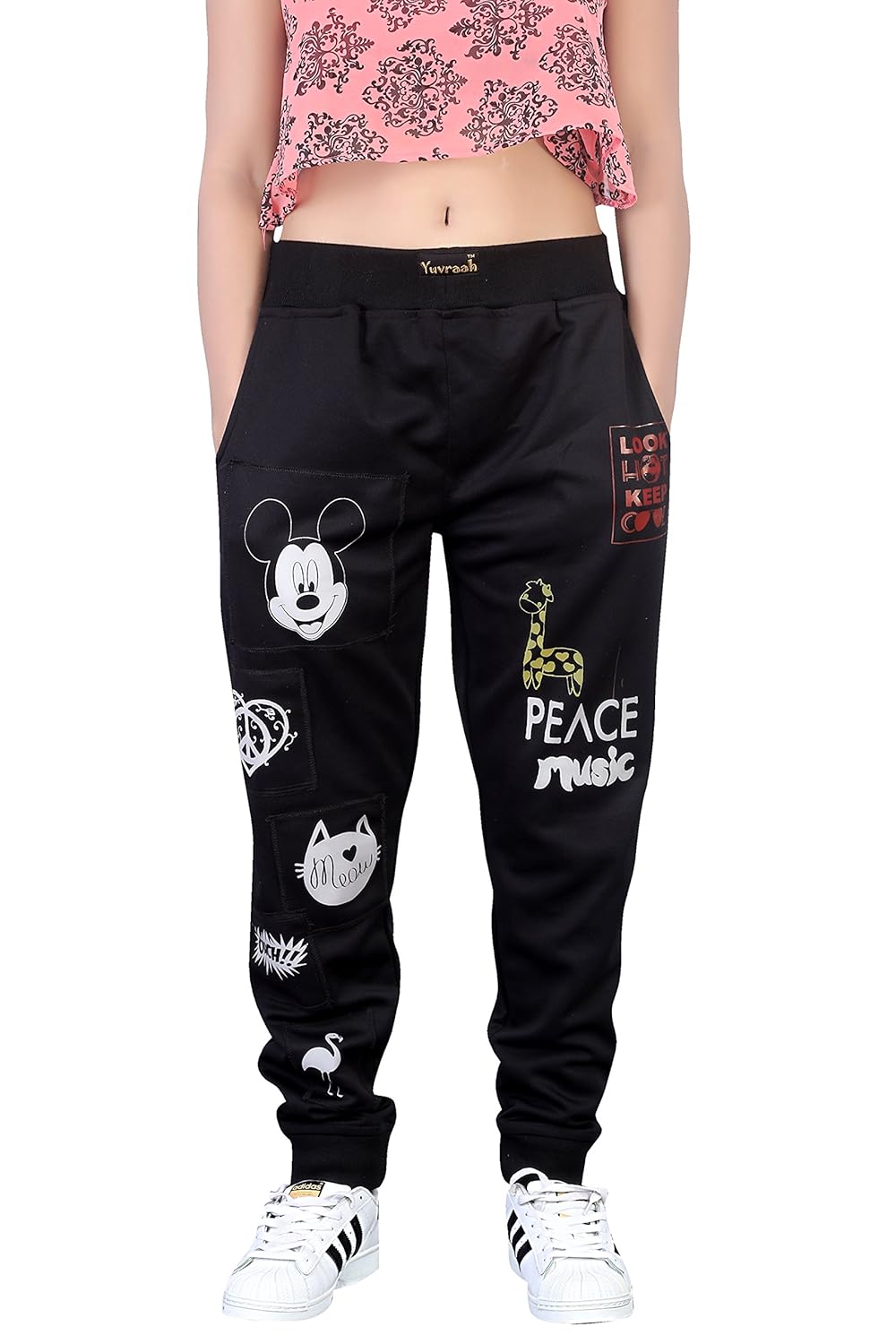 yuvraah women's black mickey patch track pant