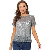 Allegra K Women's Lace Floral Scalloped Trim Short Sleeve Semi Sheer Top