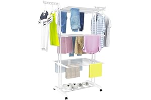 HOMIDEC Clothes Drying Rack, Large 4-Tier Foldable Drying Rack Clothing(67.7H x 19.7W x 30L Inches), Movable with 4 Castors. Multifunctional Stainless Steel Laundry Drying Rack, White