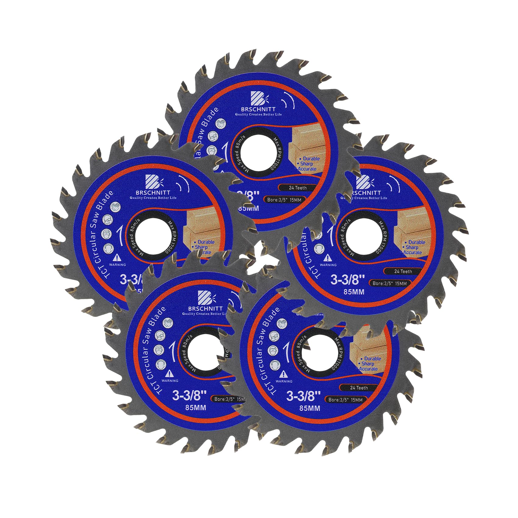Carbide Tipped Teeth Compact Circular Saw Blade 24T 85mm- BRSCHNITT 5pcs Wood Cutting Saw Blade for General Purpose Cutting & Trimming Wood, Plastic and Composite Materials Arbor:15-10mm