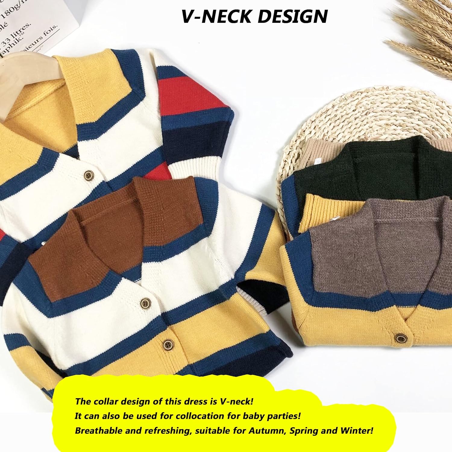 MSTOZE Infant Baby Boy Baby Girl Small Knitted Cardigan Button V-Neck Sweater, Rainbow Striped Cardigan Warm Sweater: Clothing
