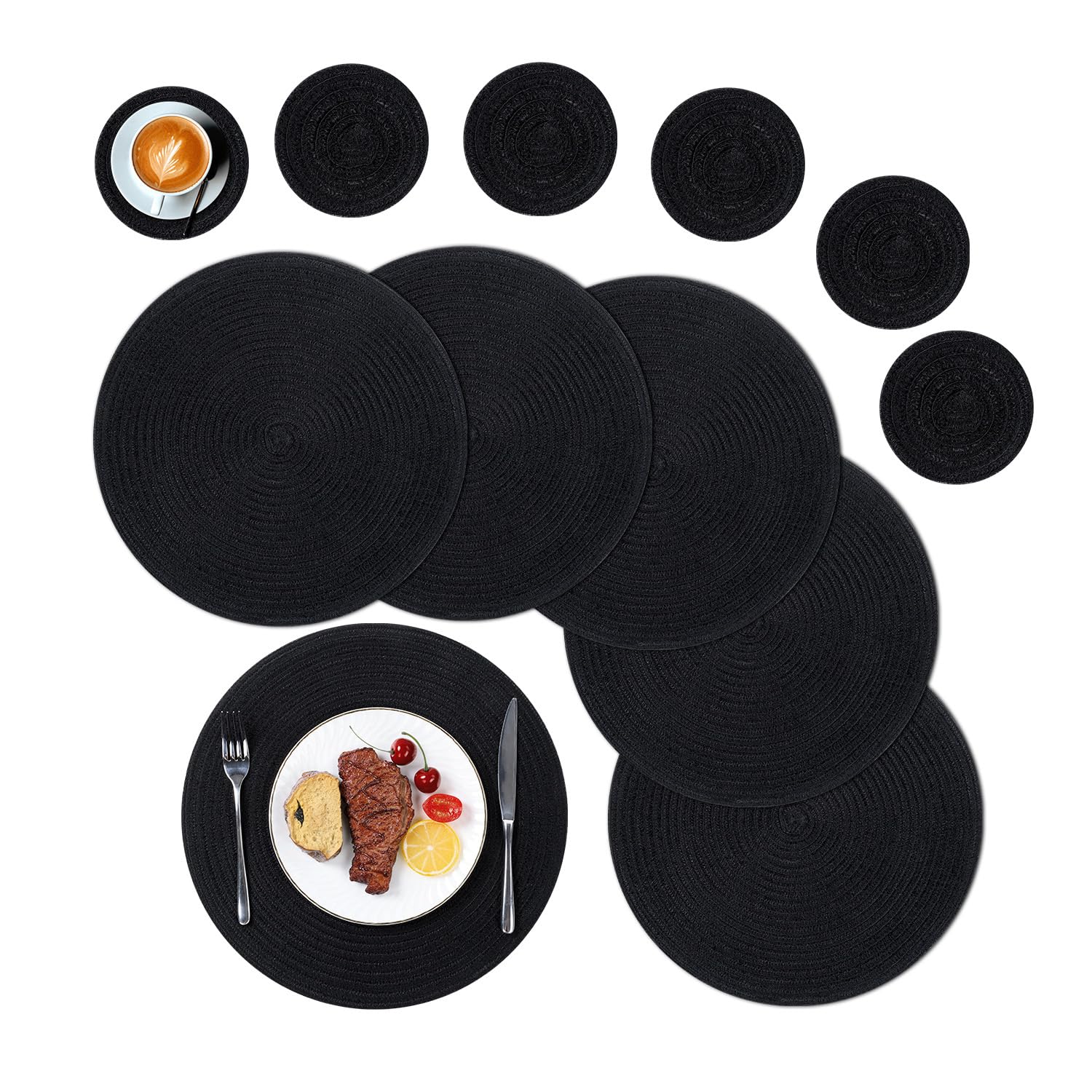 SHACOS Round Placemats and Coasters Set of 6, Round Braided Woven Place Mats Washable Black Table Mats and Coasters Sets Heat Resistant Table Mats for Kitchen Dining Table Home Restaurant — image 1