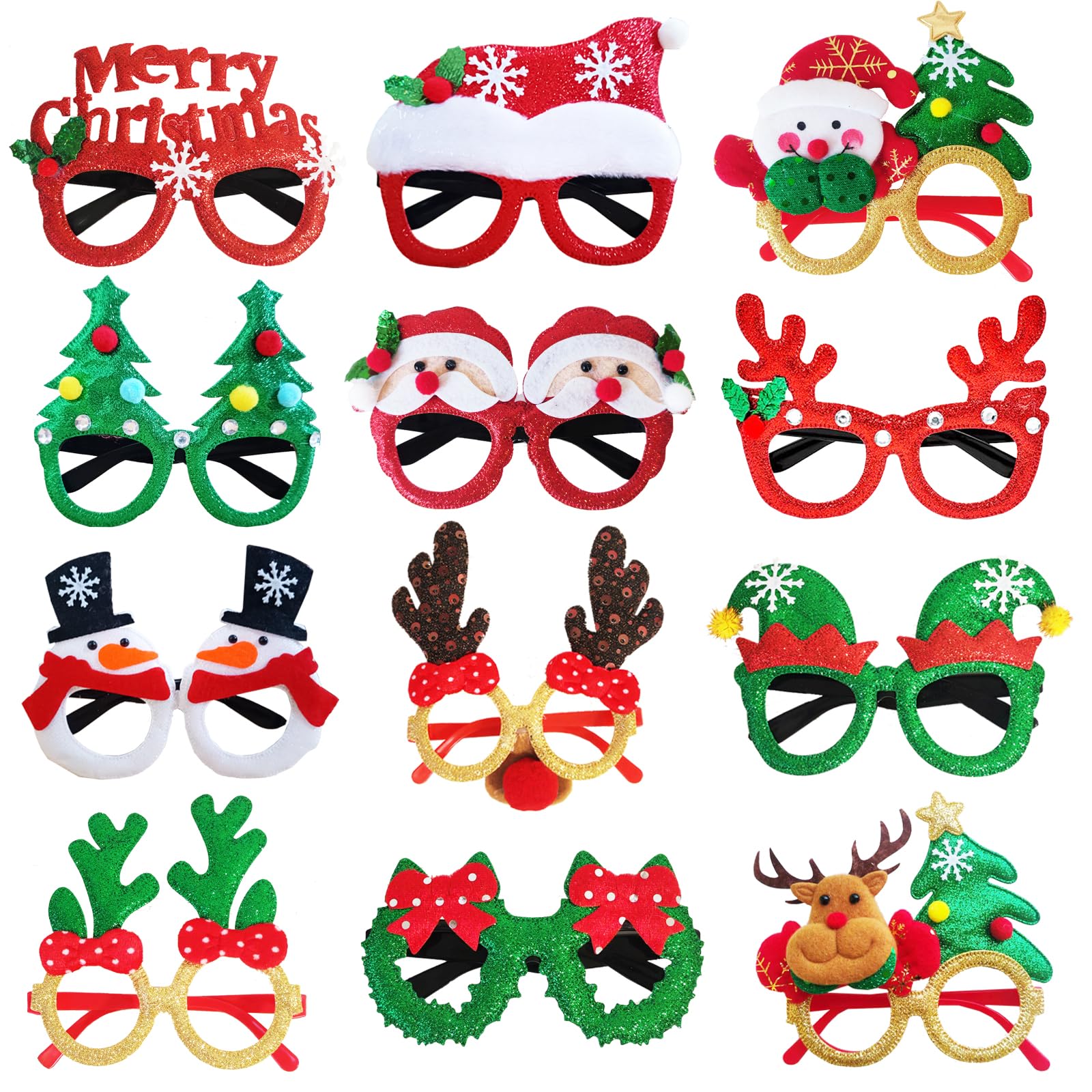 LMSHOWOWO 12 Pieces Christmas Glasses, Glitter Party Glasses Frame, Xmas Novelty Eyeglasses, Fancy Dress Costume Decoration, for Christmas Parties New Year Favors Photo Booth