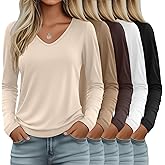 Oakgarden 5 Pack Women's V Neck Long Sleeve Tops Bulk, Loose Fit Casual T-Shirts Layer Soft Trendy Outfits Basic Tees