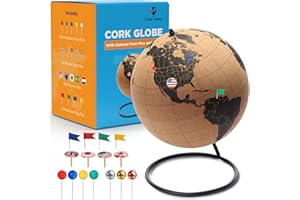 GLOBE TREKKERS Black Cork Globe with Push Pins - 6” Globe with Map of the World and Rotating Stand for Children or Adults, 50 Colored Push Pins - For Home, Office, Classroom, Travel, Kids