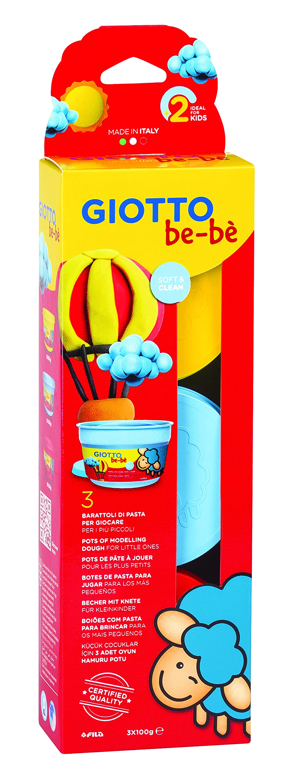 GIOTTO be-bè Modelling Dough Pack for Young Children, 3 x 100g Pots, Yellow/Blue/Red, For Children and Schools
