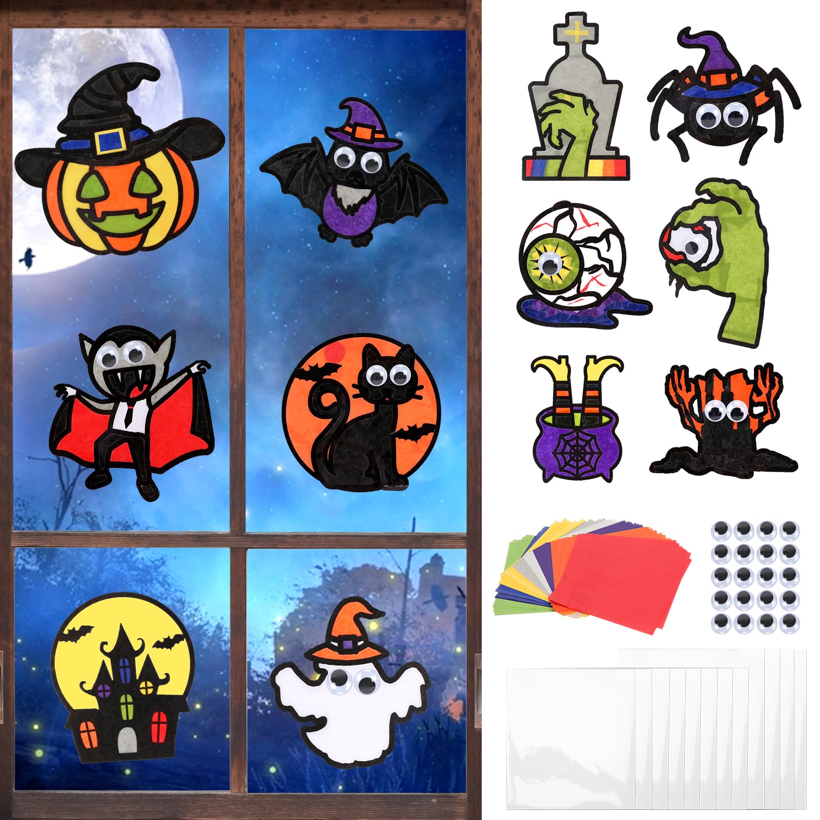 MONCAP 12pcs Halloween Stained Glass Decration Kits Art and Craft Kits for Kids, Creepy Themed Stained Glass Effect Paper DIY for Girls Boys Window Classroom Crafts Decor — image 1