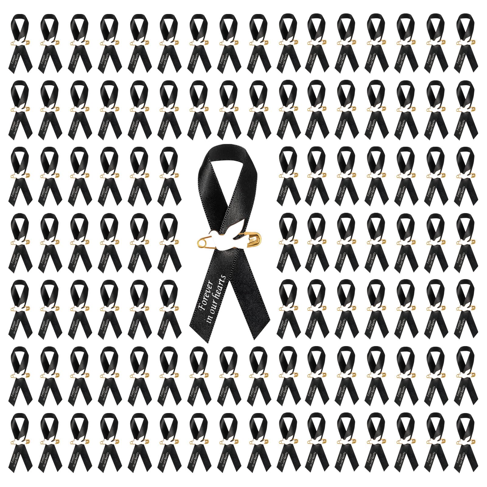 50Pcs Dove Funeral Ribbon Black Memorial, Funeral Pins Classic Memorial Service Respect Meditation Ribbon Bow for Mourning Remembrance Day Event Favors (Black)