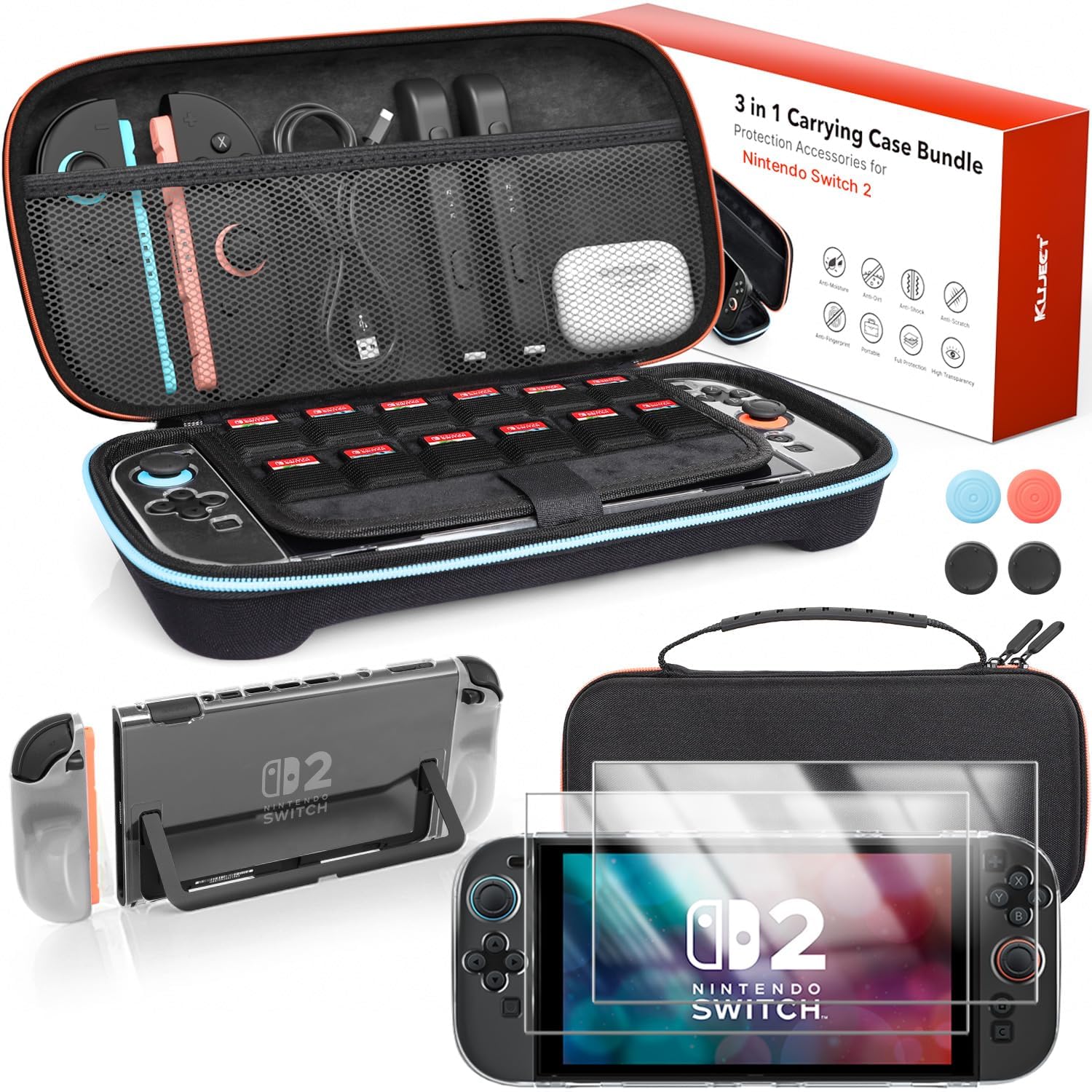 Kuject Switch 2 Carrying Case and Screen Protectors Accessories Bundle – 2 Screen Protectors, Dockable Protective Shell, Ergonomic Joycon Grip Covers, 12 Games Cartridges for Nintendo 3DS 2DS Console