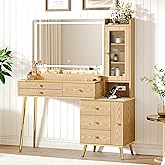 Arulvmrn Vanity Desk with 35.12" HD Lighted Mirror, 46.85" Big Modern Vanity Desk with Mirror and Lights, Makeup Vanity with 7 Drawers and Storage Shelves and Charging Station, Oak
