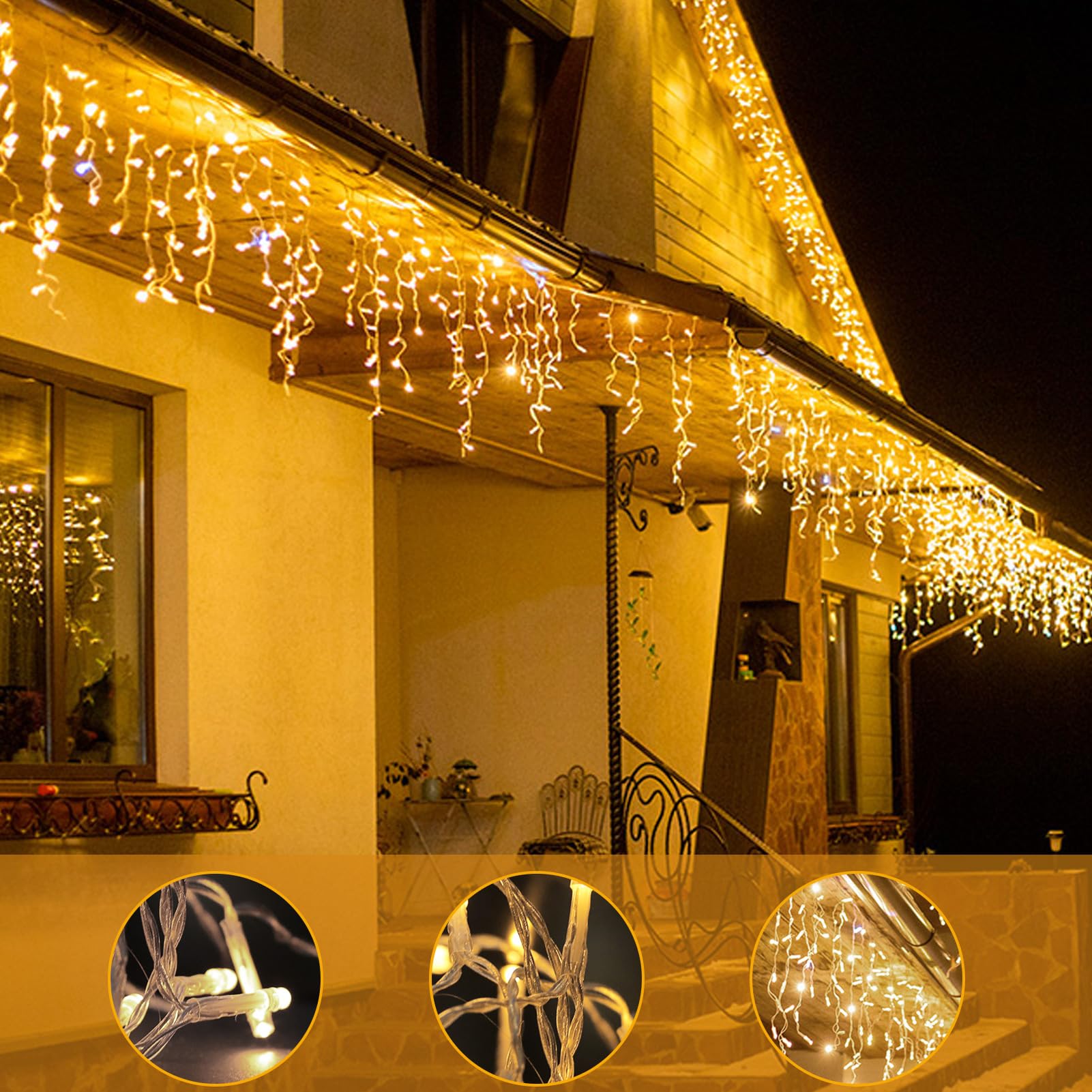 WOWDSGN LED Eisregen Lichterkette Außen, 15M 660LED Eiszapfen mit Timer 8 Modi IP44 wasserdicht Strombetrieben, Lichtervorhang für Weihnachten Dachkante Dachrinne Terrasse Balkon Warmweiß 6