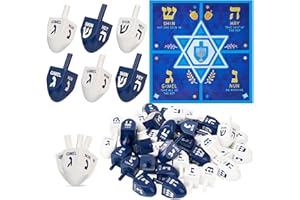 JOYIN Lot de 32 Dreidels Hanoukka en bois massif peints à la main avec translittération anglaise – Comprend 3 cartes d'instru