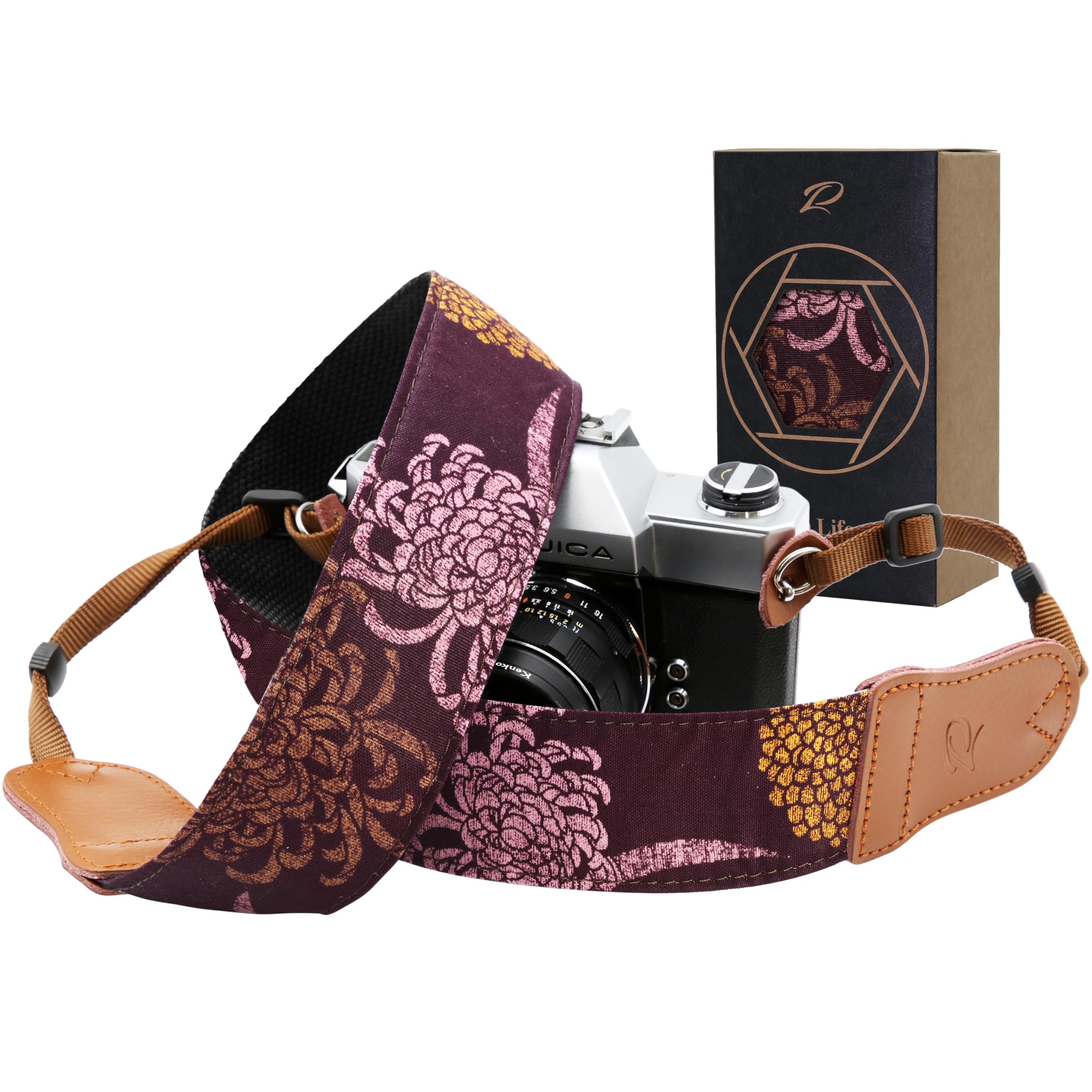 Padwa Lifestyle Camera Strap - 2" Wide Cowhide Head Cotton Camera Straps for Photographers,Vintage Universal Neck & Shoulder Camera Straps for All DSLR Cameras(Purple Daisy Printed)