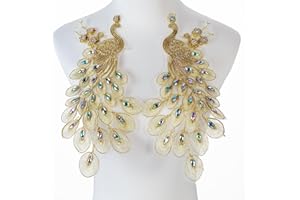 Silvora Pair Embroidered Beaded Pearl Peacock Fabric Colorful Rhinestones Applique, Handmade Sewing Tool for Wedding Dress Gown Bodice Costume Clothing Craft DIY (Gold)