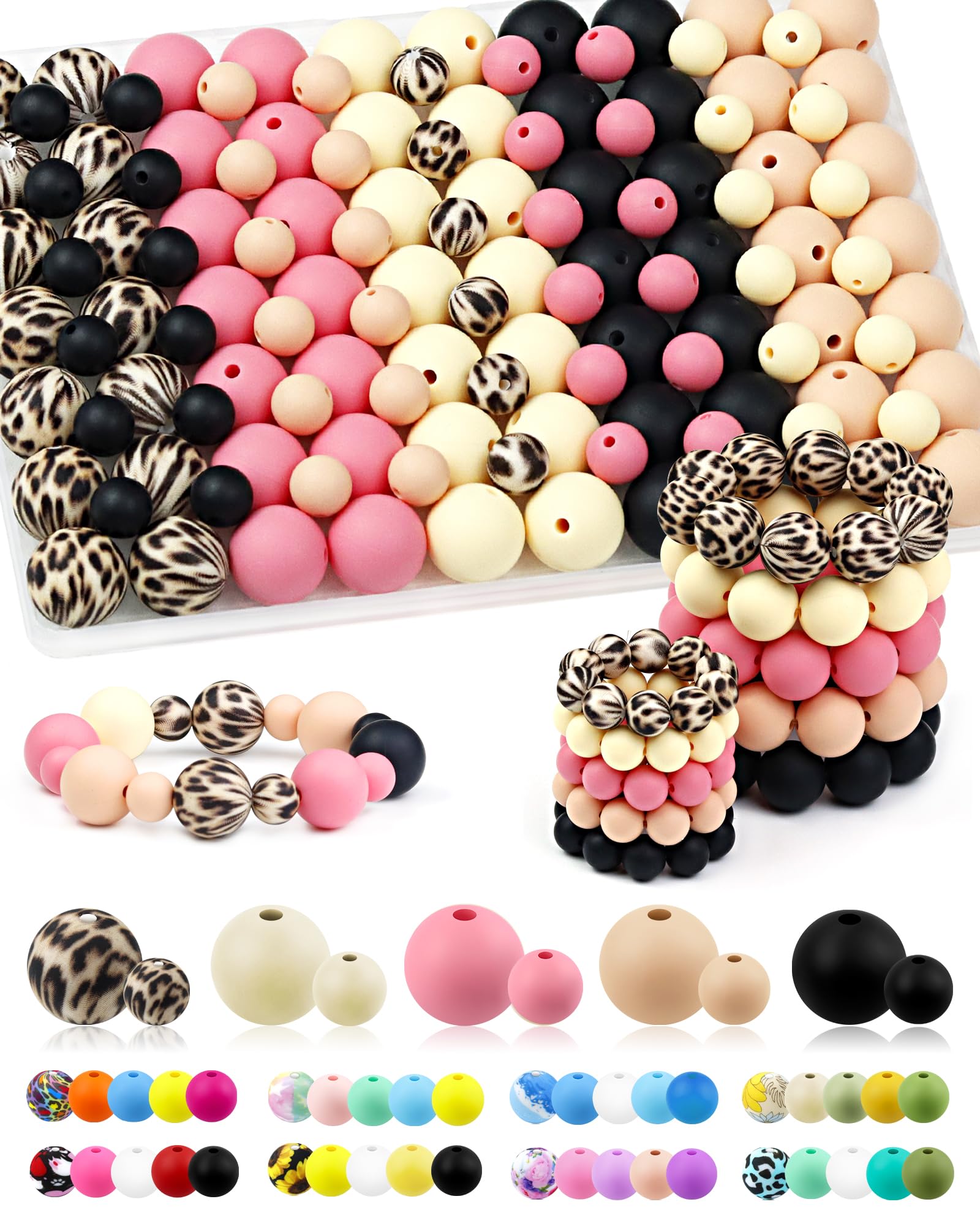 Photo 1 of 100PCS FIVEIZERO Silicone Beads for Keychain Making, 9mm & 15mm Pink Black Mixed 5 Colors Silicone Focal Beads for Bracelets, Beadable Pens and DIY Crafts