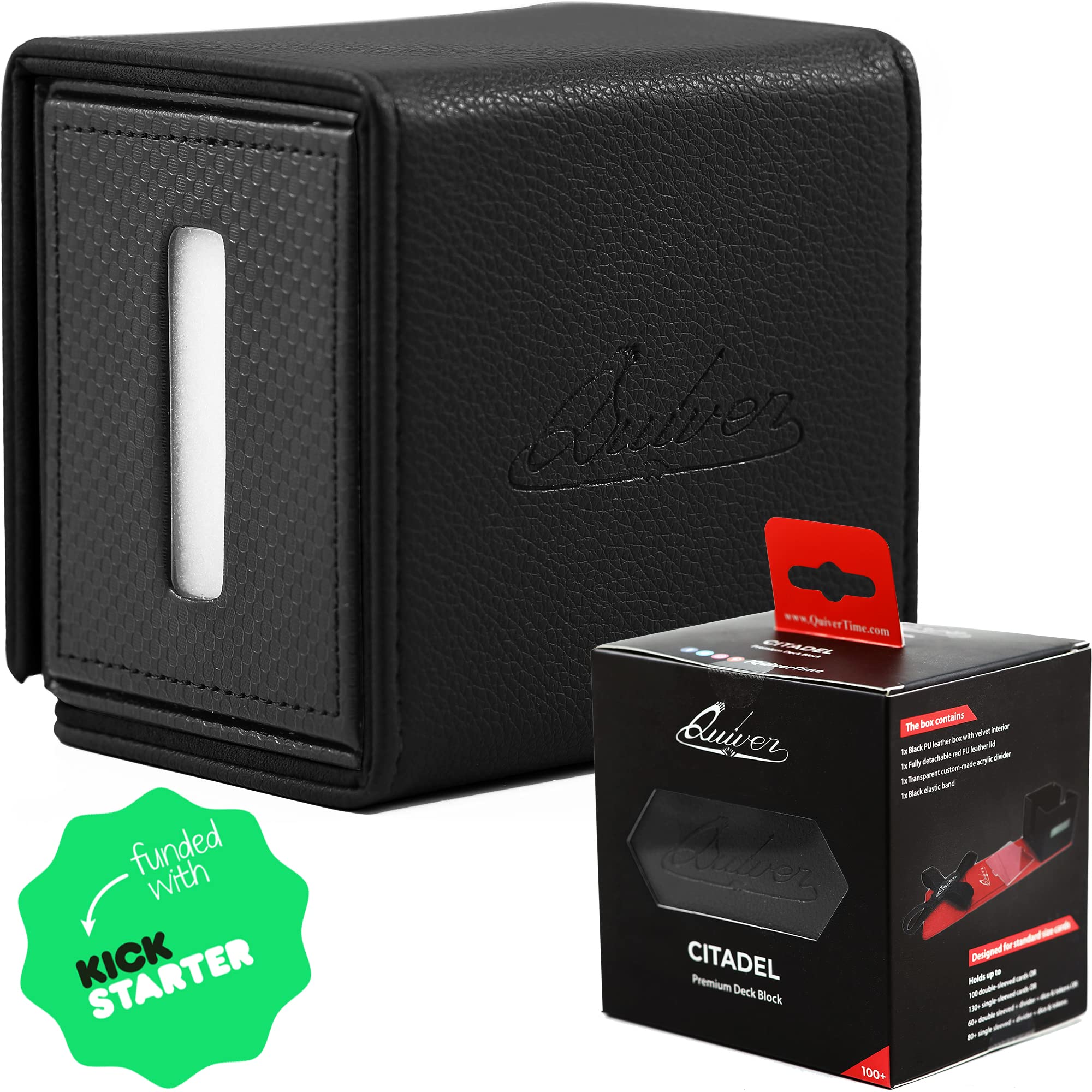 Quiver Time Citadel Deck Block Black - 100+ Card Storage Box for Cards, Dice and Tokens, Custom Divider - Compatible with Commander MTG, Pokémon and other TCG games.