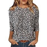JomeDesign Womens Tops 3/4 Sleeve Shirts Round Neck Loose Casual Blouses Floral Print Tshirts