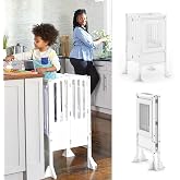 Guidecraft Kitchen Helper&reg; Toddler Tower Step Stool - Contemporary - White: Folding Adjustable Height Montessori Wooden Learning Furniture with Keepers