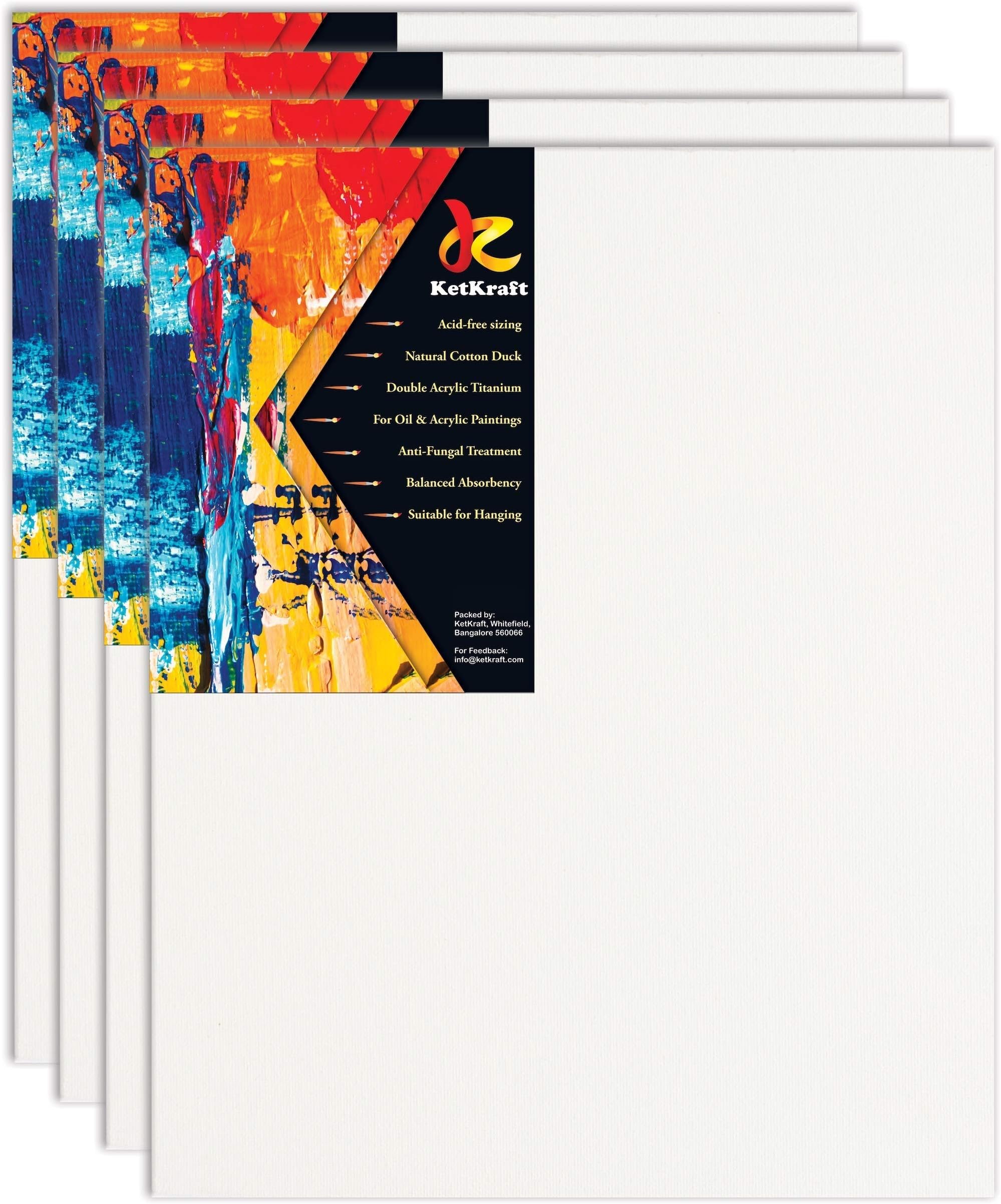 KetKraft Medium Grain Acid-Free Double Acrylic Titanium Premium Canvas with Anti-fungal Treatment and Natural Cotton Duck for Painting with Acrylics/Oil Colours (White) - Pack of 4