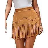 UpFind Women Suede Fringe Mini Skirt with Rivets High Waist Elastic Western Cowgirl Skirts with Zipper Country Concert Outfit