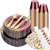Bestluck 350 PCS Burgundy and Gold Plastic Plates, Disposable Dinnerware Set for 50 Guests, 100 Disposable Plates, 150 Silverwares, 50 Cups, 50 Napkins for Wedding, Party, Graduation
