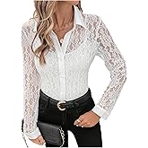 SOLY HUX Women's Lace Sheer Button Down Blouse Long Sleeve Collared Shirts Old Money Outfits