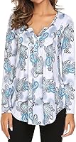 Women's Paisley Printed Long Sleeve Henley V Neck Pleated Casual Flare Tunic Blouse Shirt