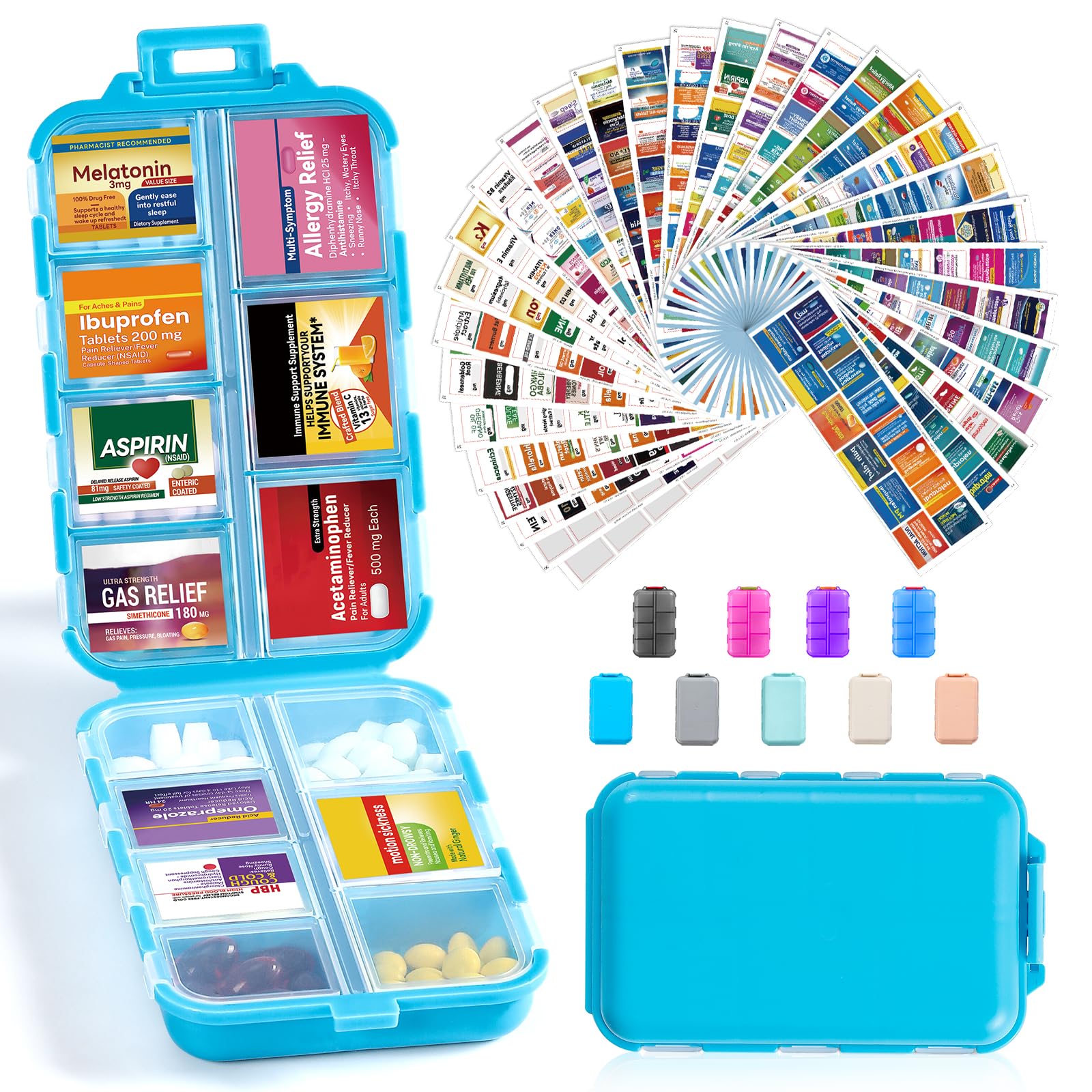 Photo 1 of 14 Grids Travel Pill Organizer Box with 415-Pcs Medicine Name Labels - Pocket Daily Pharmacy Case Container Kit - Travel Medication Holder Dispenser for Fish Oil Vitamin Supplement Storage - Blue