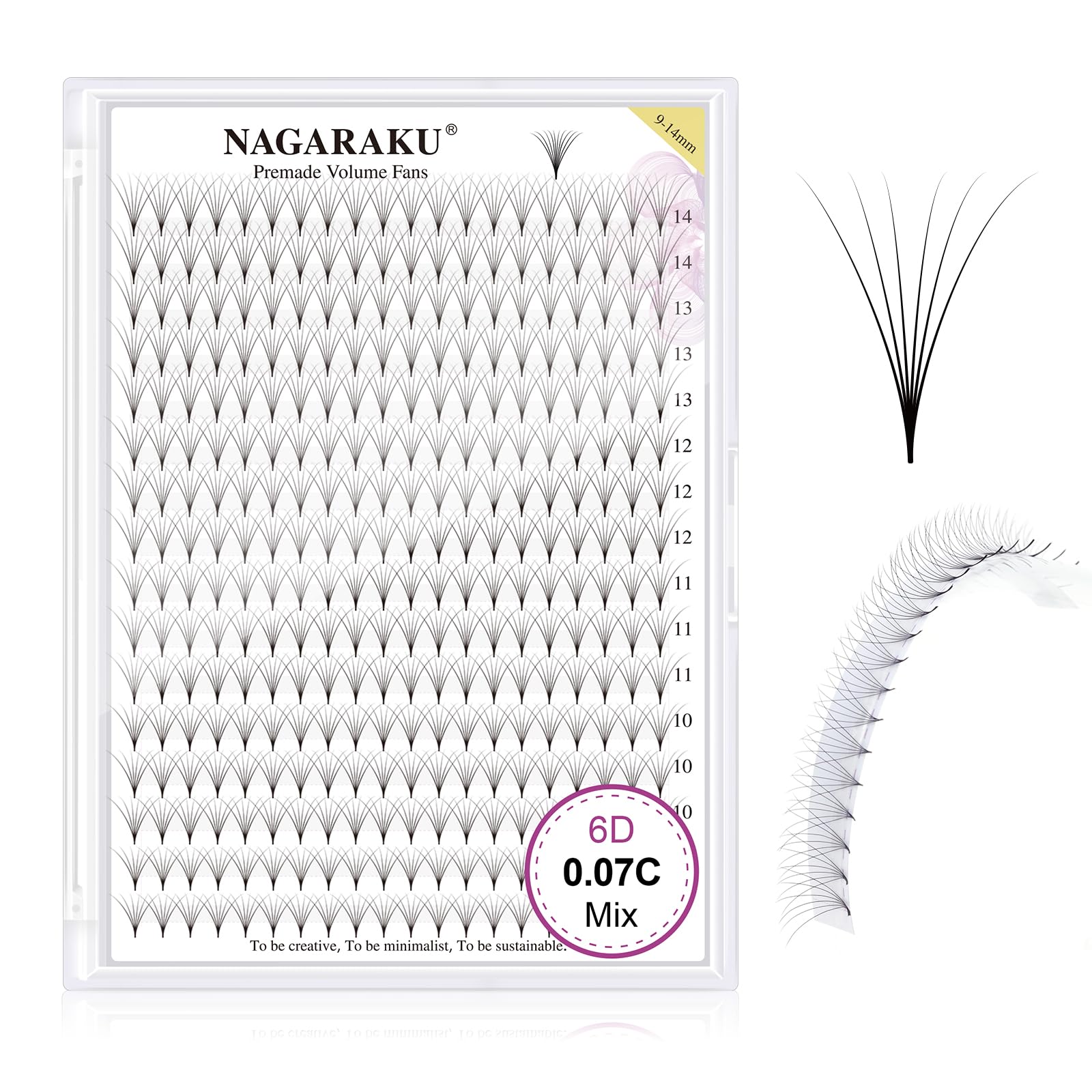 NAGARAKU Eyelash Extensions 320 Clusters Premade Fans Russian Volume Long Stem Premade Fans Thin Pointy Base Natural Pre Fanned Fluffy False Eyelash Black 16 Rows (6D 0.07 C Curl 9-14mm Mix Tray)
