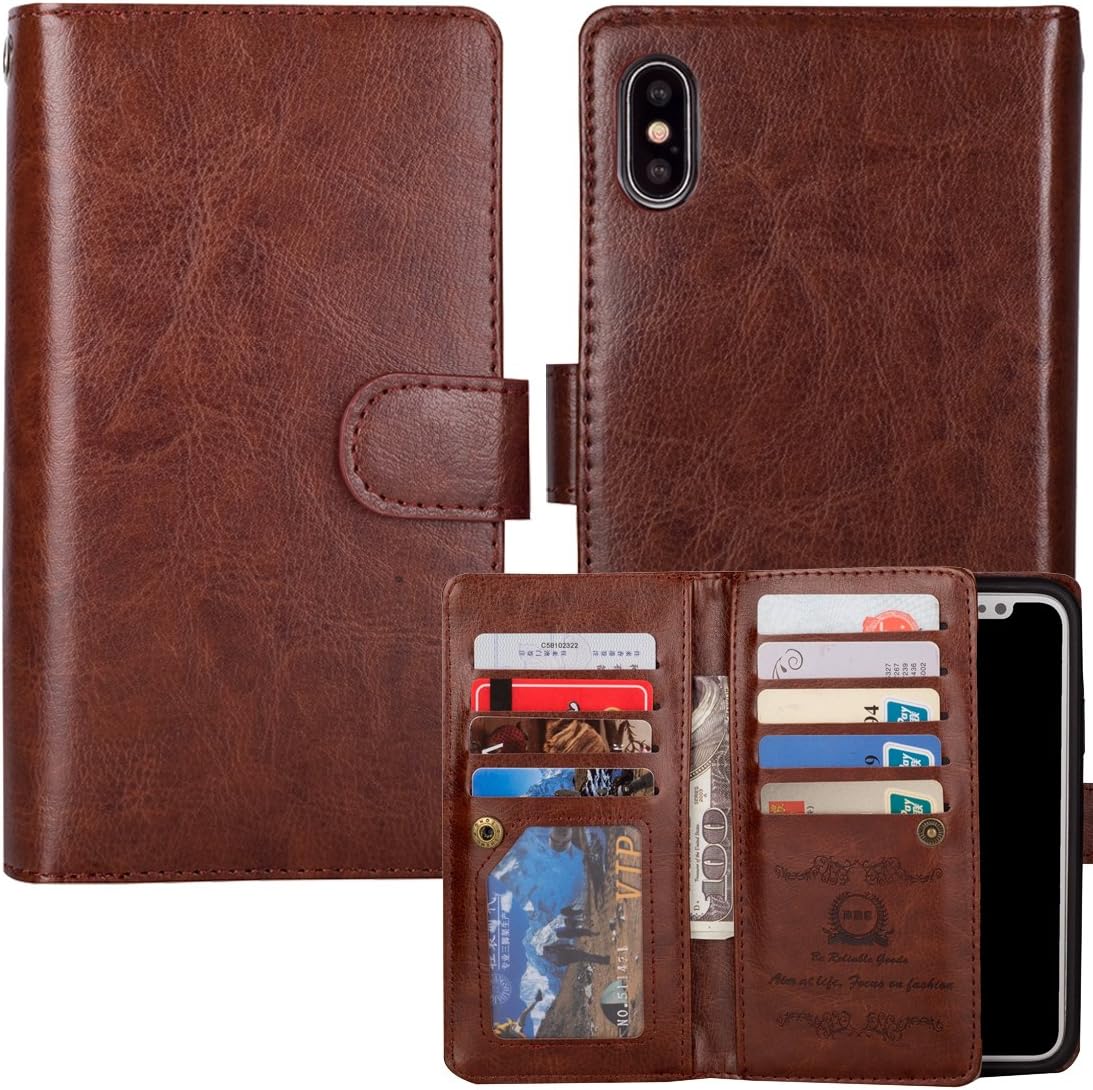 Eloiro iPhone X/iPhone 10 Wallet Case [Multiple Card Slots][Snap Button] with Detachable Thin Case [Wrist Strap][Magnetic Closure] Folio Flip Back Cover Waterproof Leather Skin Shell - Brown