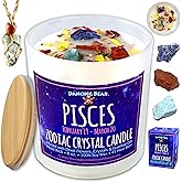 DANCING BEAR Pisces Zodiac Candle Gift Box Set with 3 Healing Crystals & Stone Holder Necklace, 100% Soy Scented Wax, Crackling Wood Wick, 45 Hour Burn Time