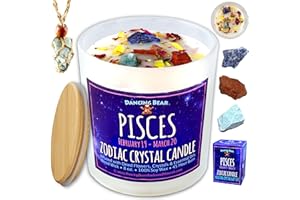 DANCING BEAR Pisces Zodiac Candle Gift Box Set with 3 Healing Crystals & Stone Holder Necklace, 100% Soy Scented Wax, Crackling Wood Wick, 45 Hour Burn Time
