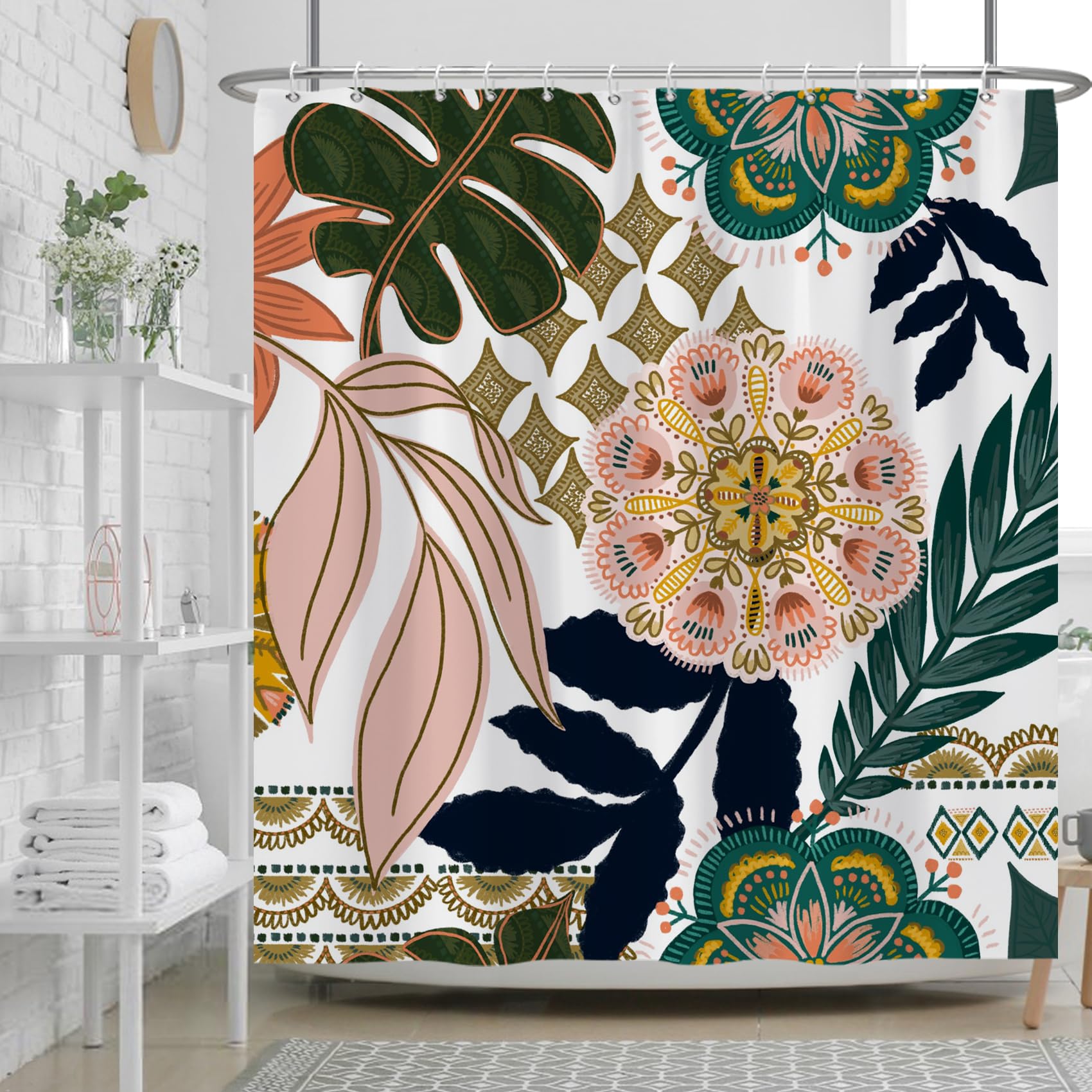 Ttincceer Boho Floral Shower Curtain Rustic Mid-Century Flowers Bathroom Curtains with Hooks Waterproof Bohemia Tropical Leaves Bathtub Decorative Washable Polyester 71x71inch