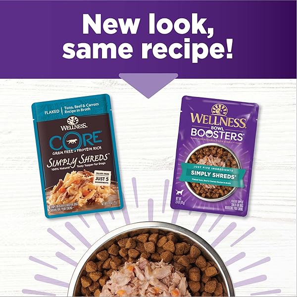WELLNESS BOWL BOOSTERS SIMPLY SHREDS WET DOG FOOD TOPPER FOR SMALL, MEDIUM, & LARGE BREEDS, GRAIN FREE, NATURAL, TUNA, BEEF & CARROTS, 2.8 OUNCE POUCH (PACK OF 12)