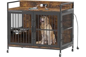 Piskyet Large Dog Crate Furniture,Heavy Duty Dog Crate Side Table with Charge Station and Storage&360°Rotatable Feeder and Stainless Steel Bowls,Indoor Double Door Kennel with Wheels - Rustic Style